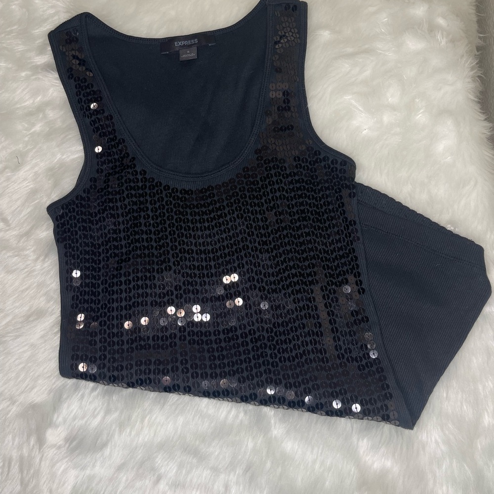 Express Black Sequin Ribbed Tank Mini Dress Bodycon Y2K Party S